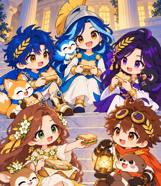Athena, Nicholas, Verone, Vienna and Cyril sharing sandwiches on the steps of the Lexicon by lantern light